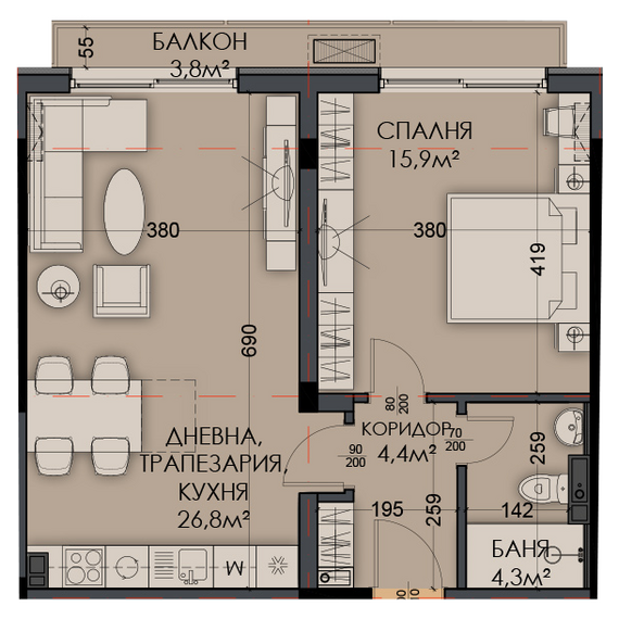 Квартира 1-комнатная студия 1+0 у моря в Разлоге (Баня) площадь 38м² 4 этаж, изображение 8
