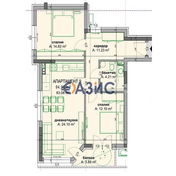 Квартира 3-комнатная 2+1 в Бургасе площадь 94.1м² 2 этаж